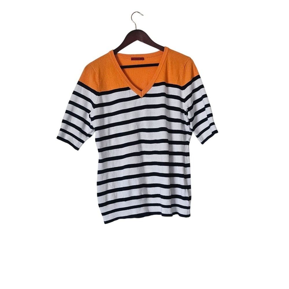 RED XL Y2K Preppy Orange Colorblock Striped V Neck Short Sleeve Sweater‎ Top